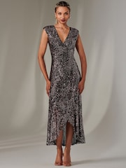 Jolie Moi Black  Chrome Sequin Ruffle Hem Maxi Dress - Image 4 of 6