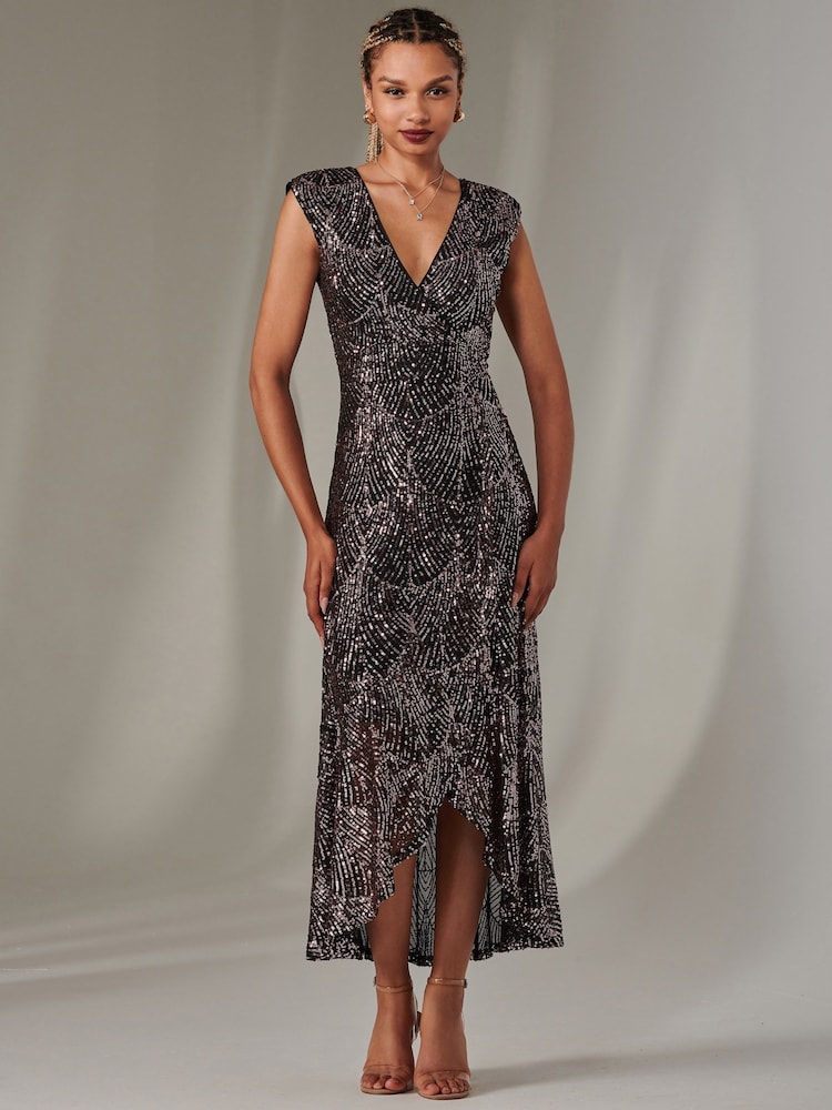 Jolie Moi Black  Chrome Sequin Ruffle Hem Maxi Dress - Image 4 of 6
