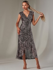 Jolie Moi Black  Chrome Sequin Ruffle Hem Maxi Dress - Image 5 of 6