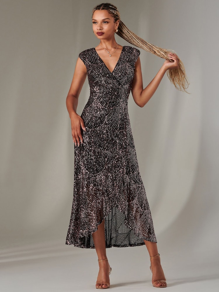 Jolie Moi Black  Chrome Sequin Ruffle Hem Maxi Dress - Image 5 of 6