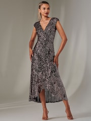 Jolie Moi Black  Chrome Sequin Ruffle Hem Maxi Dress - Image 6 of 6