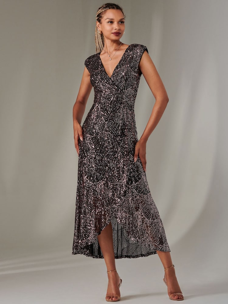 Jolie Moi Black  Chrome Sequin Ruffle Hem Maxi Dress - Image 6 of 6