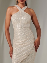 Jolie Moi Nude Sequin Halter Neck Wrap Dress - Image 3 of 6