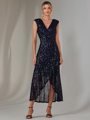 Jolie Moi 70s Blue Sequin Ruffle Hem Maxi Dress - Image 1 of 6