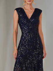 Jolie Moi 70s Blue Sequin Ruffle Hem Maxi Dress - Image 3 of 6