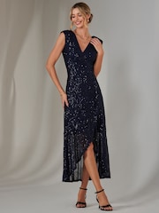 Jolie Moi 70s Blue Sequin Ruffle Hem Maxi Dress - Image 5 of 6