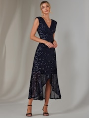 Jolie Moi 70s Blue Sequin Ruffle Hem Maxi Dress - Image 6 of 6
