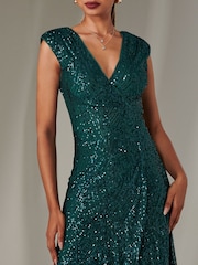 Jolie Moi Green Sequin Ruffle Hem Maxi Dress - Image 3 of 6