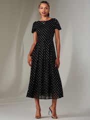 Jolie Moi Black Spot Chiffon Midimix Dress - Image 1 of 5