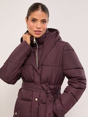 Lipsy Plum Funnel Double Layer Belted Longline Coat - Image 2 of 4