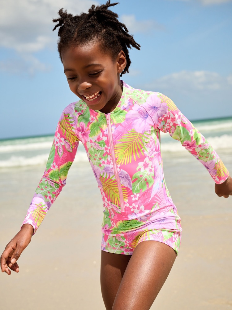 Pink Tropical Long Sleeved Shortie Swimsuit (3-16yrs) - Image 1 of 3