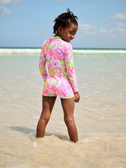 Pink Tropical Long Sleeved Shortie Swimsuit (3-16yrs) - Image 3 of 3