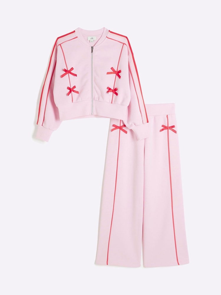 River Island Pink Girls Bow Bomber Sweat Set - Image 1 of 5 River Island Pink Girls Bow Bomber Sweat Set - Image 1 of 5