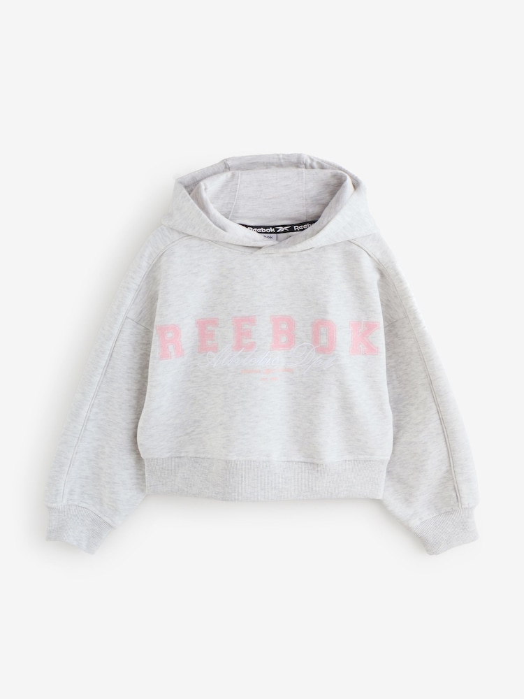 Reebok Grey Boxy Fit Piped Seam Cropped Graphic Print Hoodie - Image 1 of 4