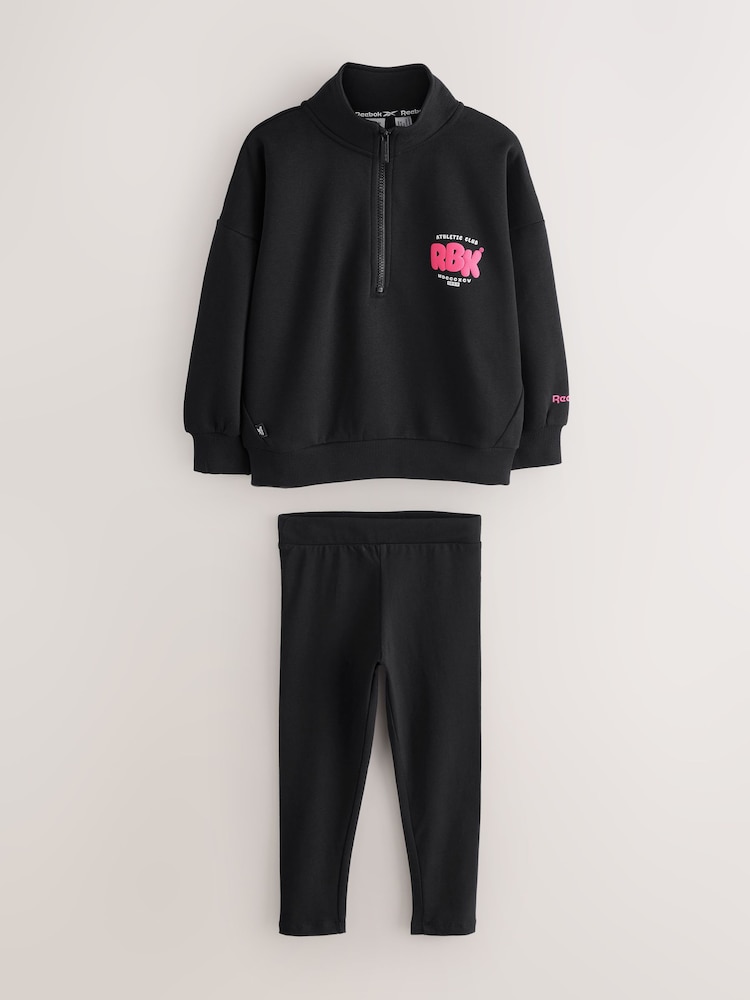 Reebok Funnel Neck Quarter Zip Black Sweat Top & Legging Set - Image 1 of 4