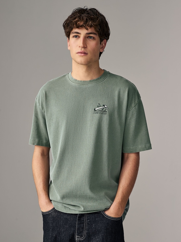 Green Wash Relaxed Fit Graphic Print Heavyweight T-Shirt - Image 1 of 9