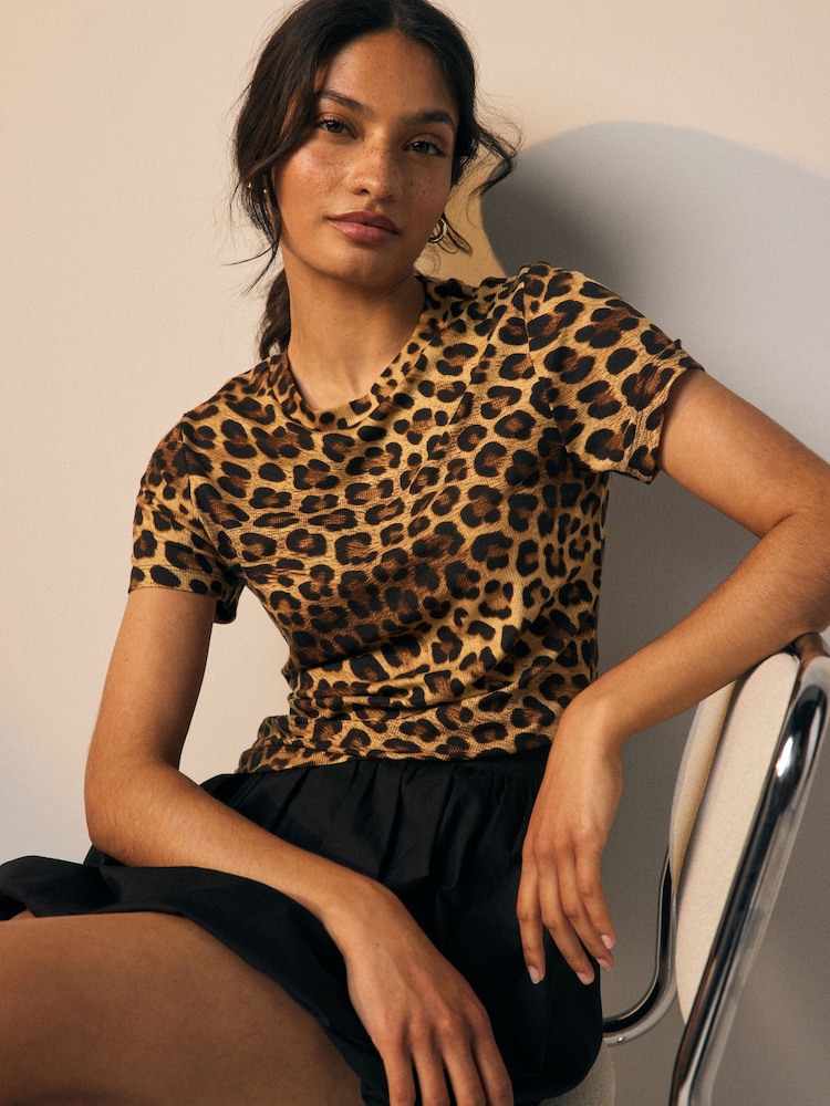 Leopard Print Soft Touch Ribbed Short Sleeve T-Shirt with TENCEL™ Lyocell - Image 1 of 6