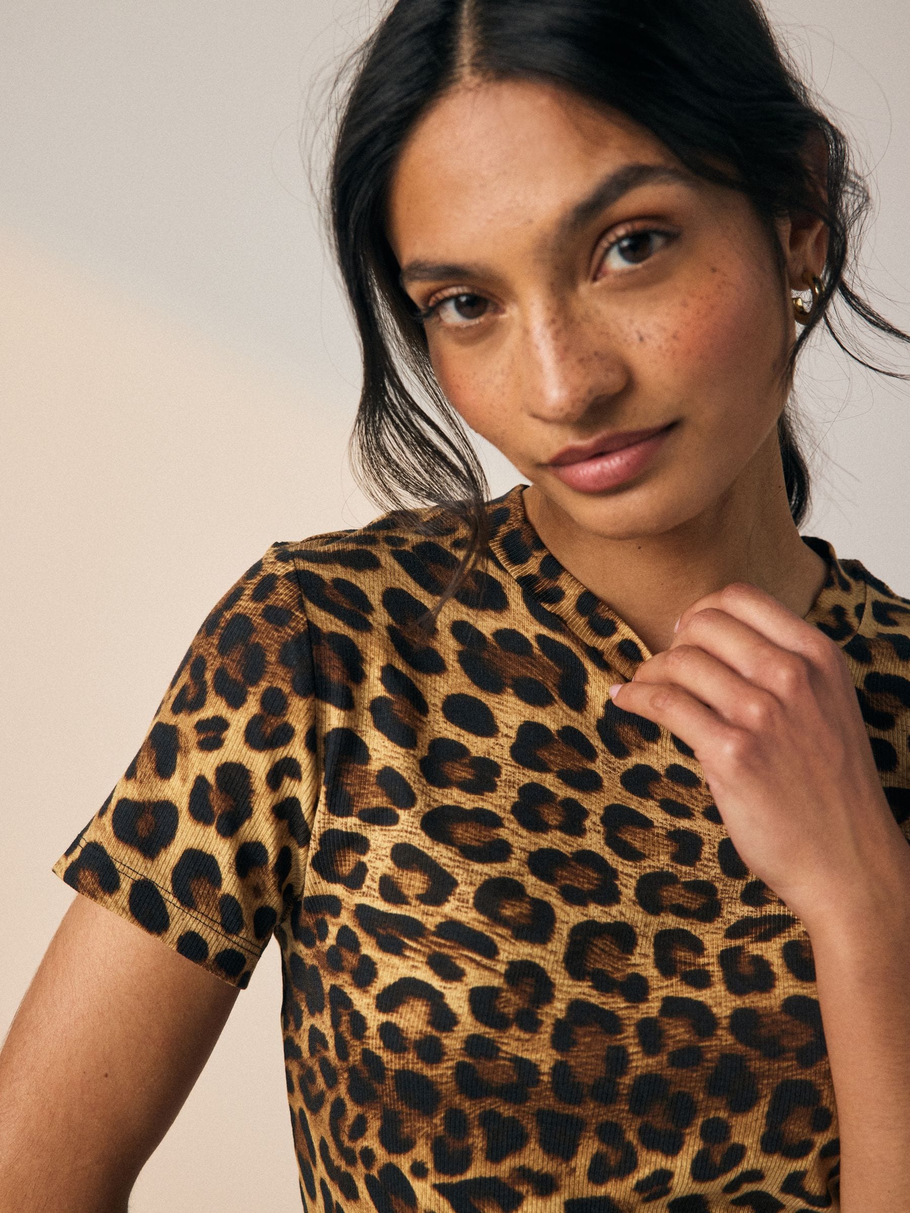 Buy Leopard Print Soft Touch Ribbed Short Sleeve T-Shirt with