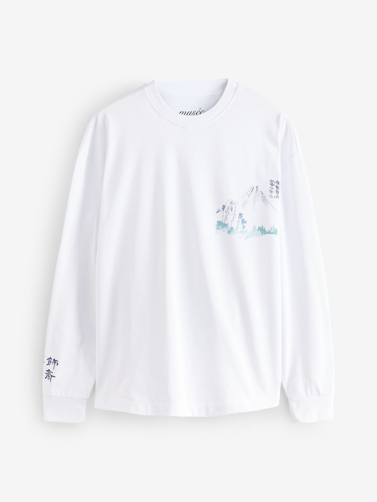White Hokusai - تيشرت بكم طويل من القطن 100% ثقيل الوزن مُزيَّن برسومات غرافيك - صورة 1 من 2