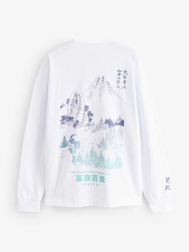 White Hokusai - تيشرت بكم طويل من القطن 100% ثقيل الوزن مُزيَّن برسومات غرافيك - صورة 2 من 2