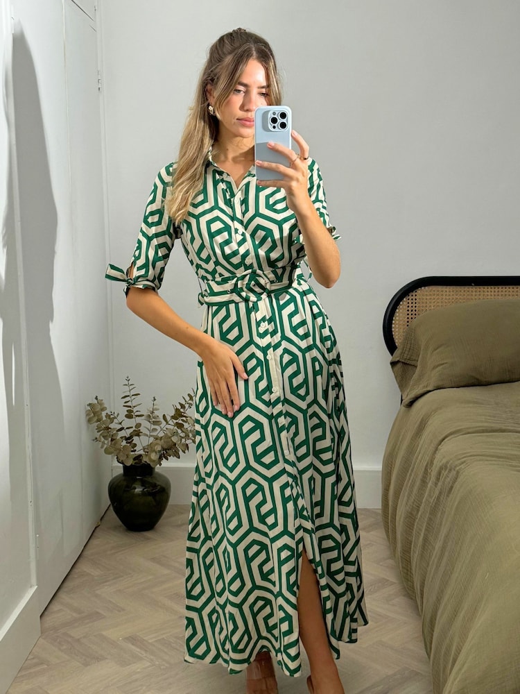 Style Cheat Green Daphne Belted Shirt Dress - Image 1 of 4
