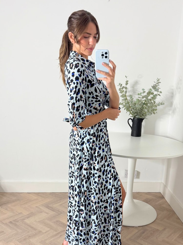 Style Cheat Blue Leopard Daphne Belted Shirt Dress - Image 2 of 4