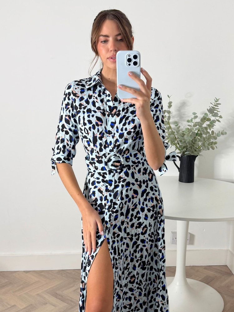 Style Cheat Blue Leopard Daphne Belted Shirt Dress - Image 4 of 4