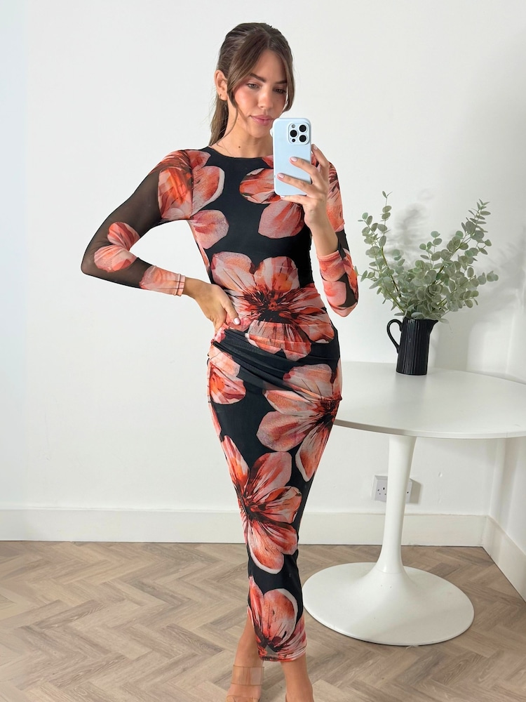 Style Cheat Black Large Scale Floral Large Scale Floral Maeva Mesh Maxi Dress - Image 1 of 4