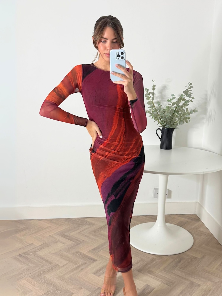 Style Cheat Red Pink Marble Large Scale Floral Maeva Mesh Maxi Dress - Image 1 of 4