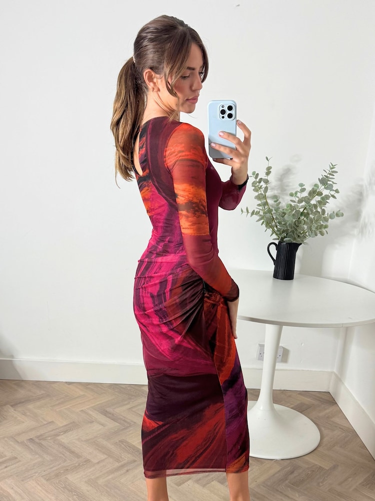 Style Cheat Red Pink Marble Large Scale Floral Maeva Mesh Maxi Dress - Image 2 of 4