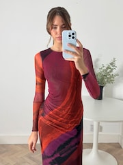 Style Cheat Red Pink Marble Large Scale Floral Maeva Mesh Maxi Dress - Image 4 of 4