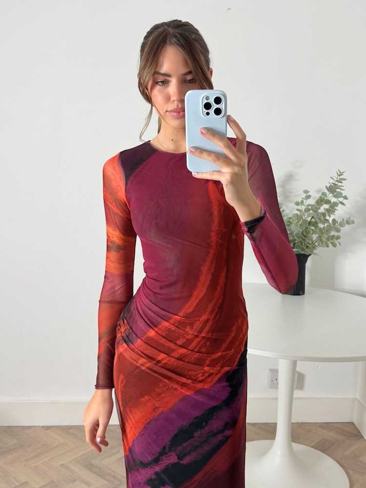 Style Cheat Red Pink Marble Large Scale Floral Maeva Mesh Maxi Dress - Image 4 of 4