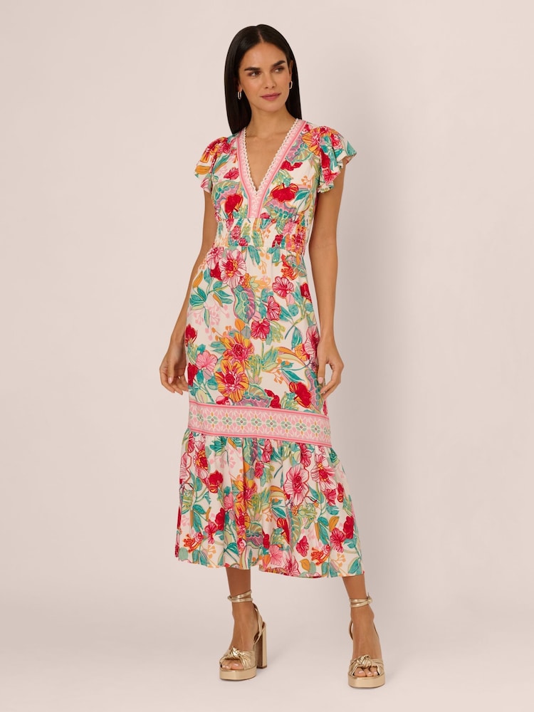 Adrianna Papell Pink Printed Midi Dress - Image 1 of 7