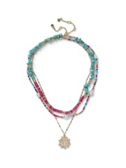 Aela Pink Bright Beaded Multirow Swirl Pendant Necklace - Image 1 of 2