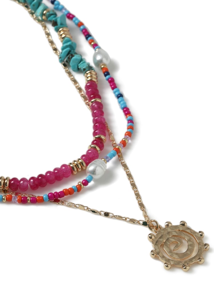 Aela Pink Bright Beaded Multirow Swirl Pendant Necklace - Image 2 of 2