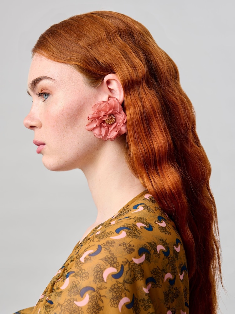 Aela Pink Fabric Ruched Flower Stud Earrings - Image 3 of 3