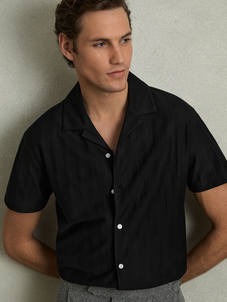 Reiss Black Sampson Cotton Textured Cuban-Collar Shirt - Image 6 of 6