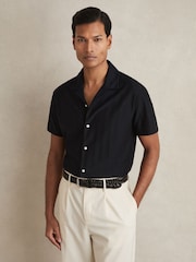 Reiss Navy Sampson Cotton Textured Cuban-Collar Shirt - Image 1 of 6