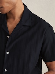 Reiss Navy Sampson Cotton Textured Cuban-Collar Shirt - Image 4 of 6