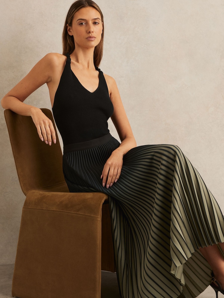 Reiss Khaki/Black Marlie Ombré Pleated Midi Skirt - Image 1 of 6