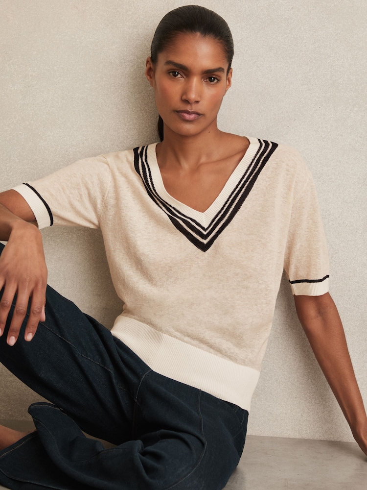 Reiss Neutral Ida V-Neck Fine-Knit Cricket Top with Linen - Image 1 of 6