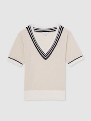 Reiss Neutral Ida V-Neck Fine-Knit Cricket Top with Linen - Image 2 of 6