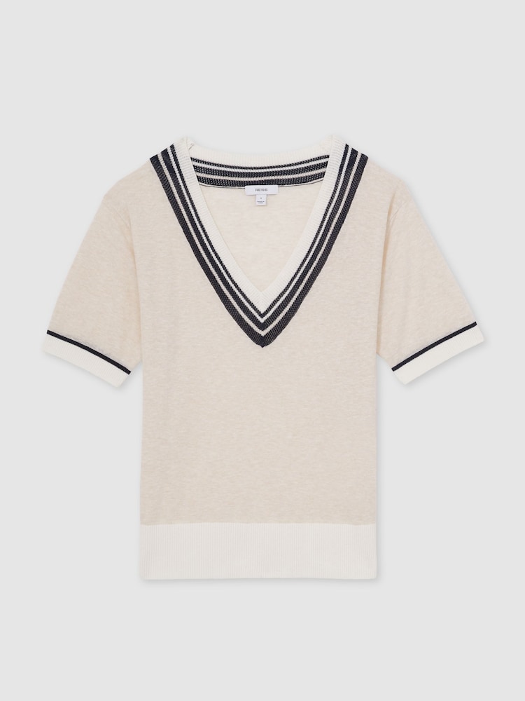 Reiss Neutral Ida V-Neck Fine-Knit Cricket Top with Linen - Image 2 of 6