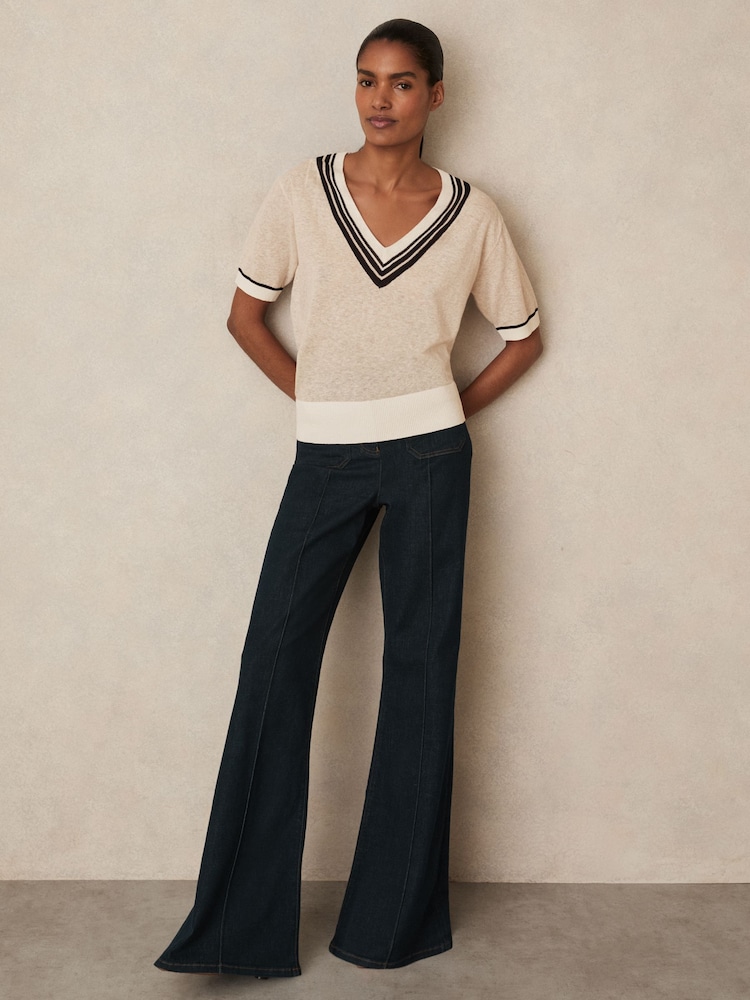Reiss Neutral Ida V-Neck Fine-Knit Cricket Top with Linen - Image 3 of 6