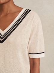 Reiss Neutral Ida V-Neck Fine-Knit Cricket Top with Linen - Image 4 of 6