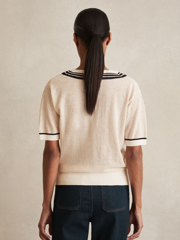 Reiss Neutral Ida V-Neck Fine-Knit Cricket Top with Linen - Image 5 of 6