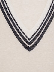 Reiss Neutral Ida V-Neck Fine-Knit Cricket Top with Linen - Image 6 of 6