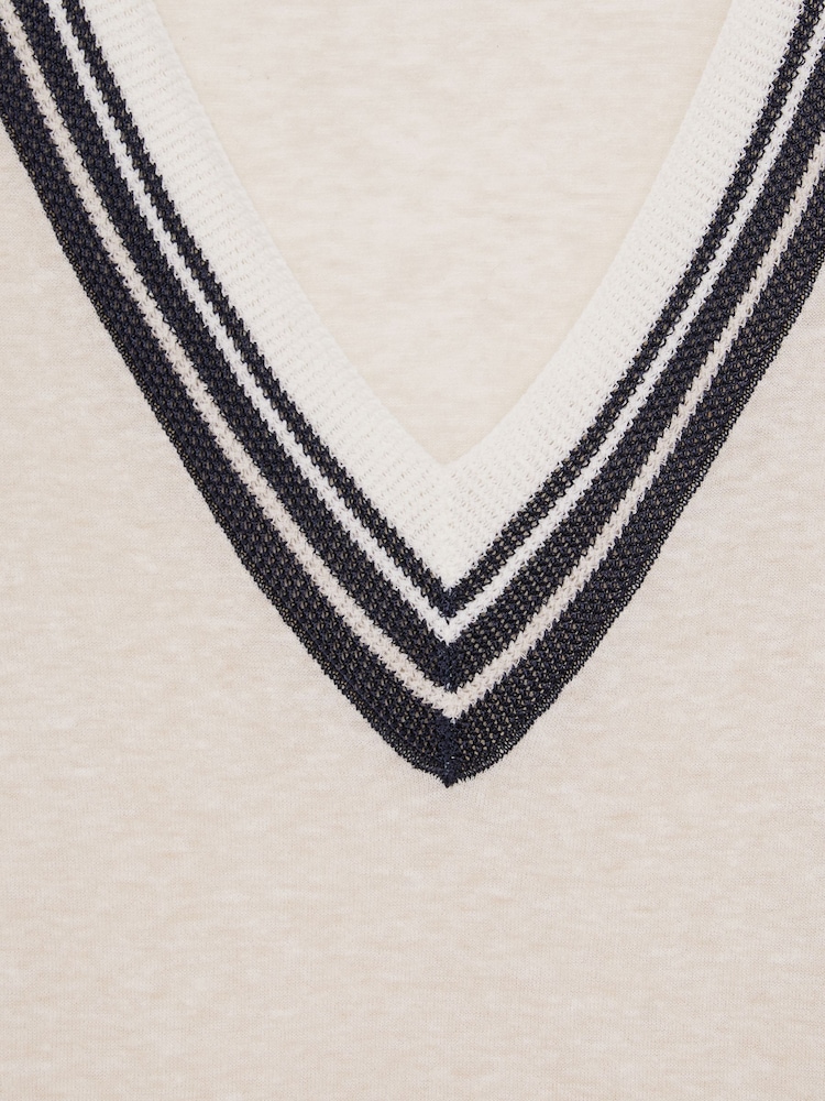 Reiss Neutral Ida V-Neck Fine-Knit Cricket Top with Linen - Image 6 of 6