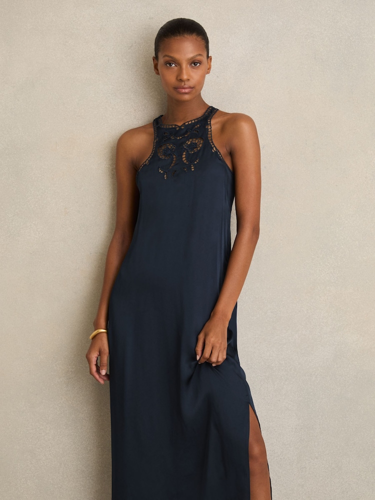 Reiss Navy Joy Satin Cut-Out Slip Dress - Image 1 of 7