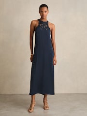 Reiss Navy Joy Satin Cut-Out Slip Dress - Image 3 of 7